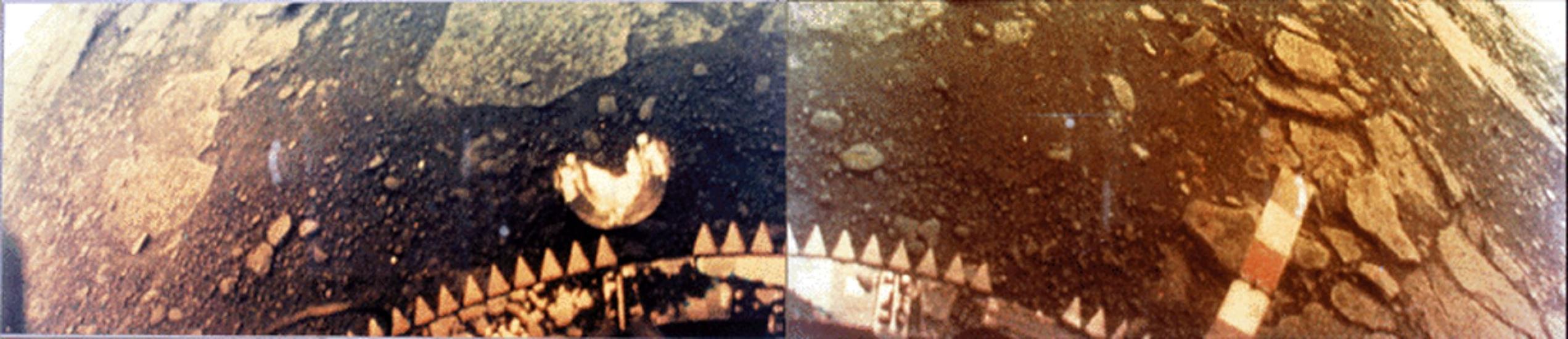 A partial surface image of Venus revealing many rock slabs and soil on the surface.