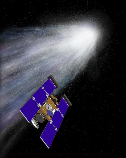 Illustration of the STARDUST space probe retrieving comet particples from a comet.