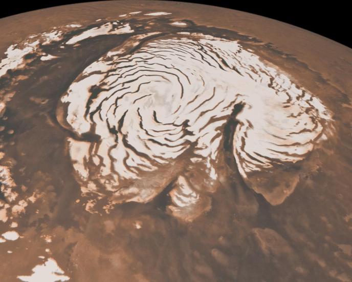 A large section of white ice on and near the northern pole of Mars.