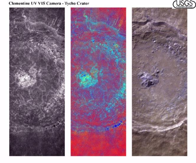 Three different perspectives of a large crater on the Moon using different camera filters on a spacecraft.