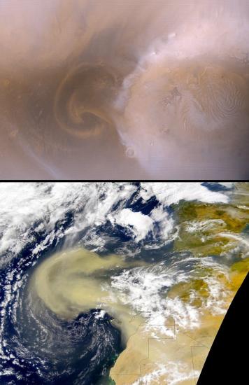 A picture of a dust stom on Mars is placed above a satellite picture of a dust storm on Earth.