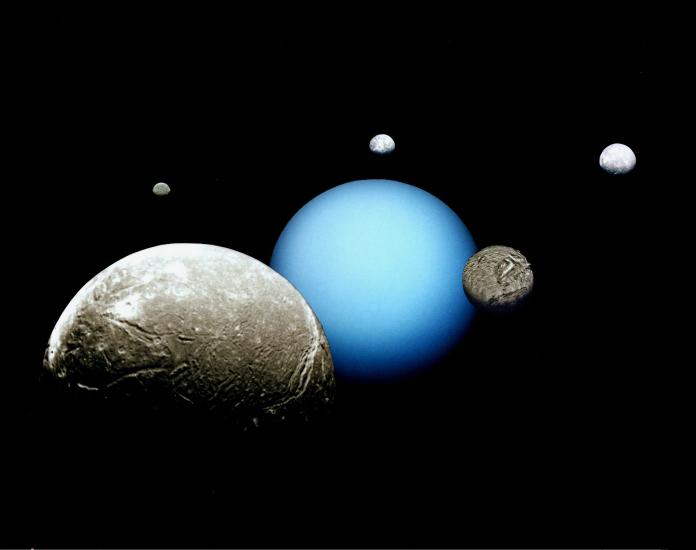 A perspective of Uranus, a blue gas planet, and its five major moons surrounding Uranus.