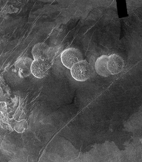 A radar view of Lava Domes, which look like circular hills, on the surface of Venus.