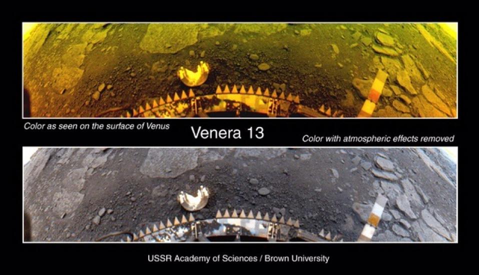 A set of two images of the surface of Venus. The top image shows how natural light would look like on Venus whereas the second image is filtered to look like direct sunlight on Earth.