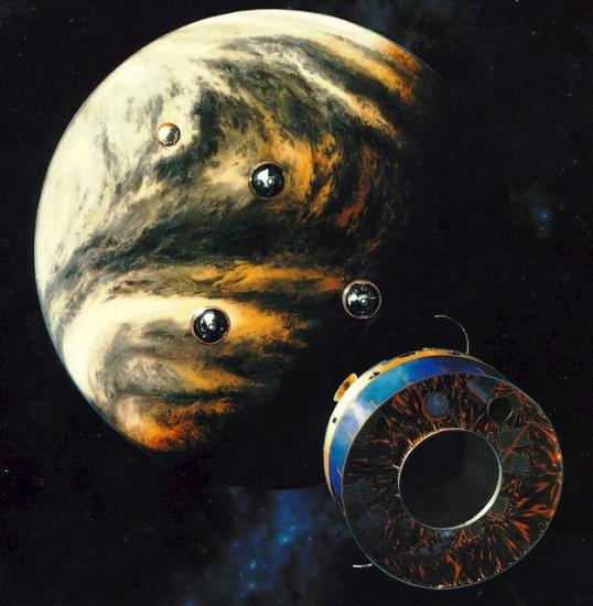 An artist perspective of the Pioneer-Venus Orbiter bus, a large cylinder prism-shaped object, as four of its probes are sent to Venus.