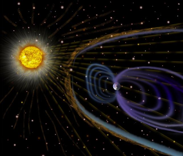 An illustration of the Sun and visible open circles and ovals simulating the magnetic shield of Earth.