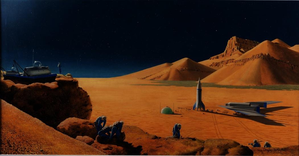 The exploration of Mars; pre-space age interpretation-seven men with blue space suits and tanks resembling diving tanks climb on Martian rocks; two rockets, four small men and a dome in the valley below.