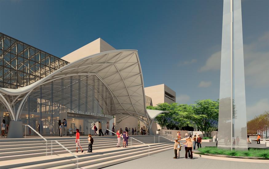 Artist rendering of the new entrance of the downtown, Washington, D.C., building with a large covering visible.