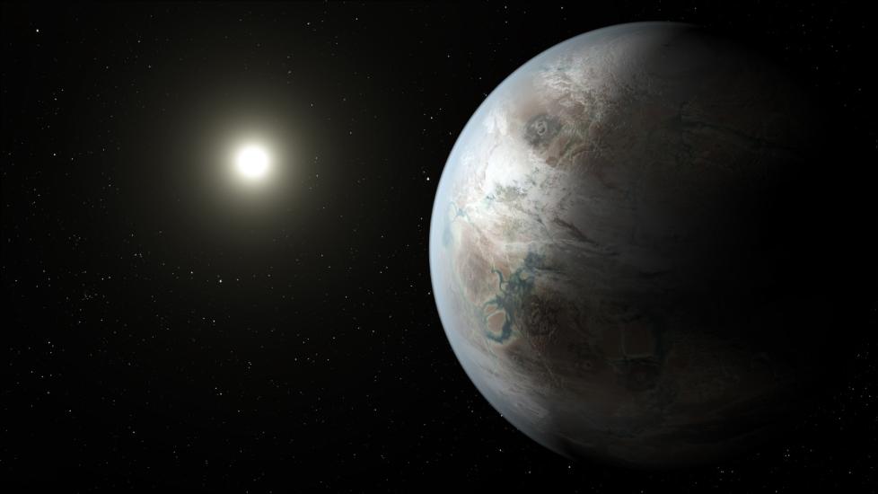 Artist depiction of Kepler-452b, an exoplanet with many similarities to Earth. The planet is partially lit by its sun.