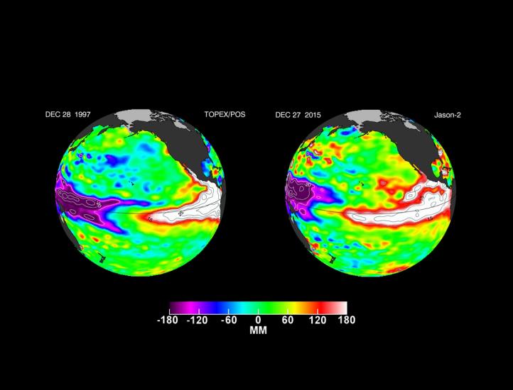 Two separate radar disk views of a section of Earth, which are mapped out to show different temperatures of water in the Pacific Ocean. Red and white areas in the middle represent an El Niño effect, or warmer waters in the Pacific Ocean. The left view shows the El Niño effect in 1997 while the right view shows the El Niño effect in 2015.