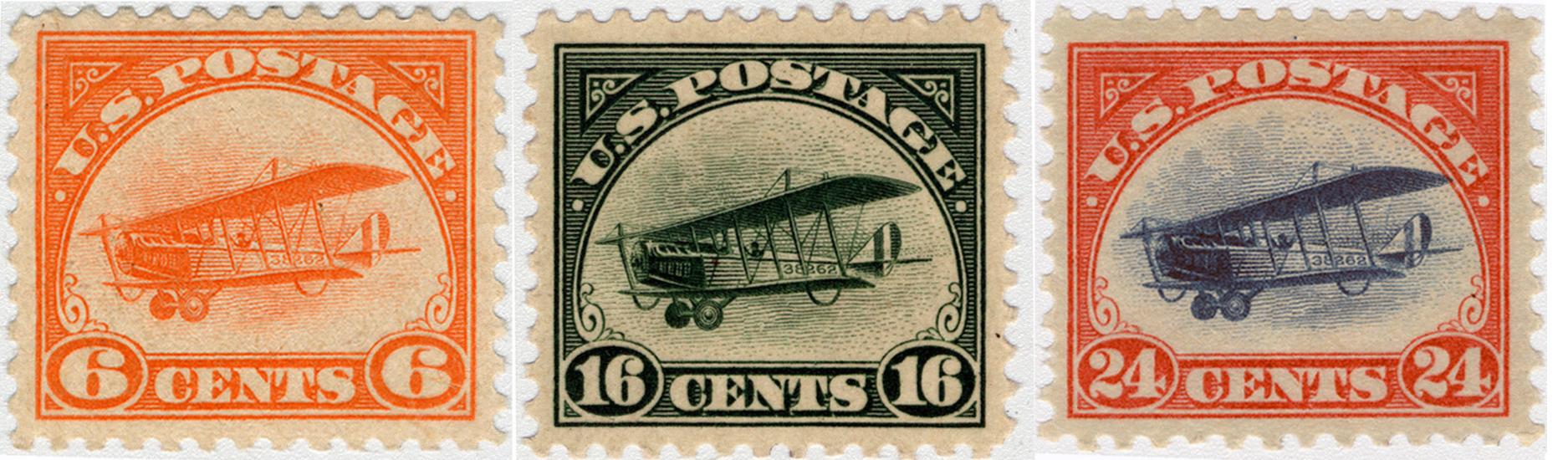 Three stamps with different colors representing the cost to fly the item using the newly established Air Mail service.