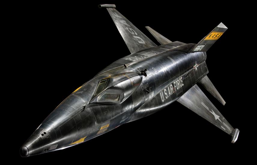 North American X-15, a black and chrome-colored aircraft powered by rockets, as displayed in the museum.