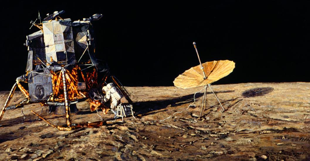 Painting of a Lunar Module and satellite disk on the surface of the Moon.