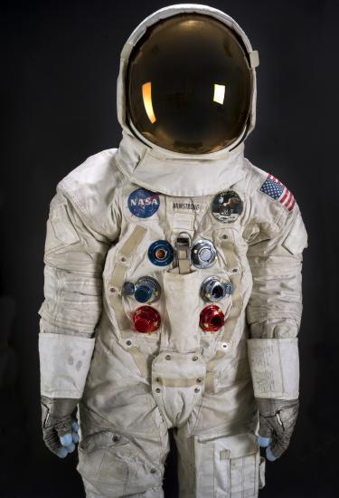 Three-quarter view of Apollo-era spacesuit