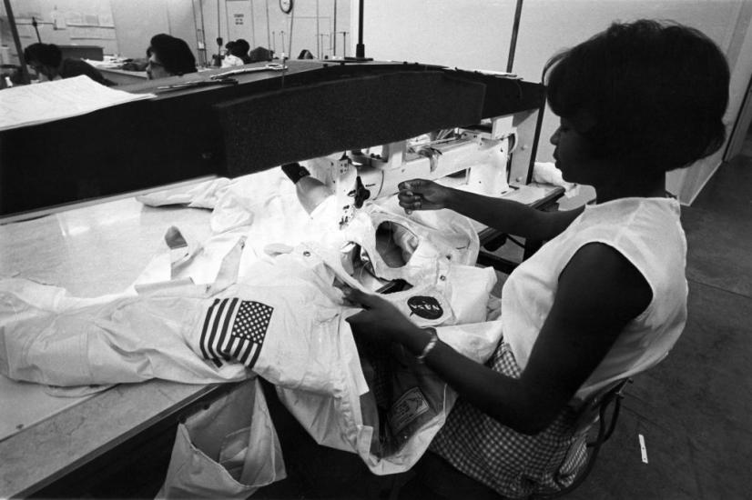 Seamstress Hazel Fellows sewing the thermal micrometeoroid garment of the ILC A7L Apollo spacesuit