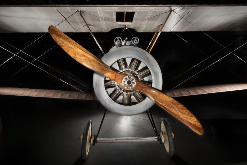 Frontal view of wooden, single-blade propeller on Sopwith F.1 Camel aircraft