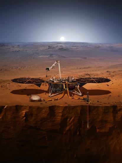 Illustration of the InSight lander on the surface of Mars.