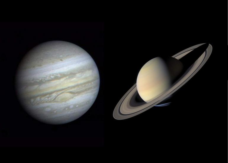 Edited image of Jupiter and Saturn side by side