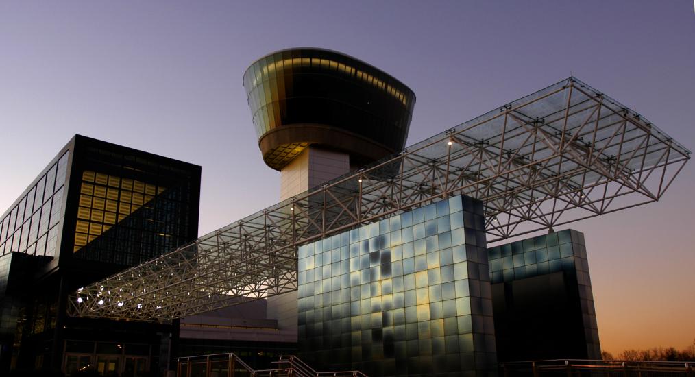 View of the Steven F. Udvar-Hazy Center tower at sunset