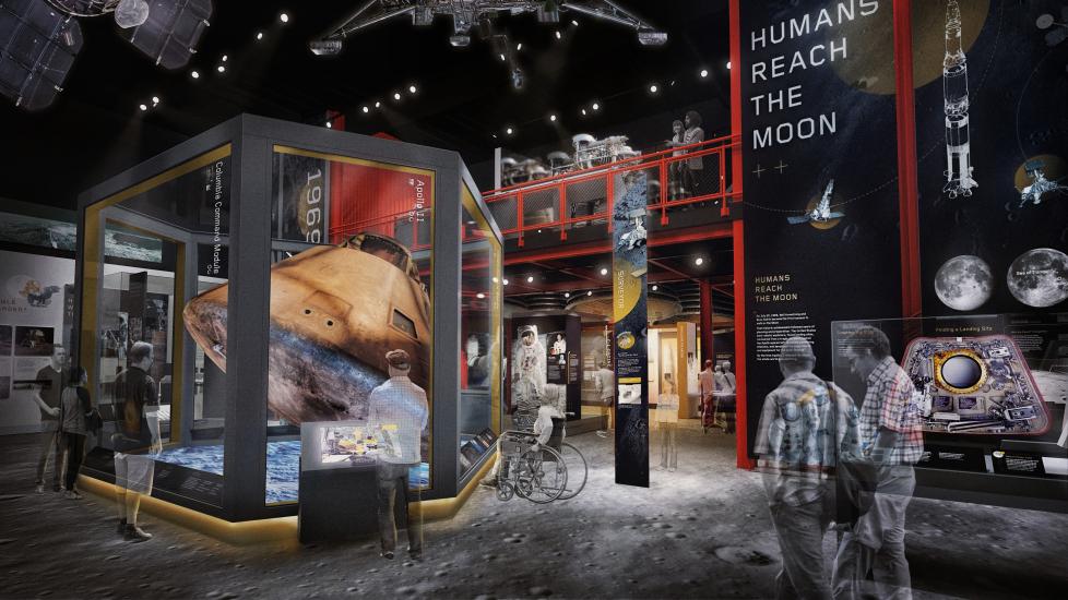 A rendering of an exhibition about how humans made it to the Moon.