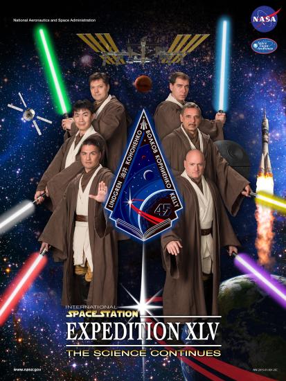 Expedition 45 members donned Jedi robes and hid a Death Star in their official crew poster