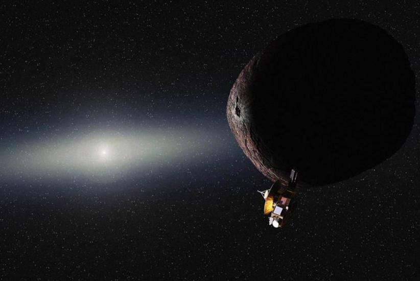 Artist depiction of the New Horizons spacecraft, a small uncrewed spacecraft, encountering a celestial body far from middle of the solar system.