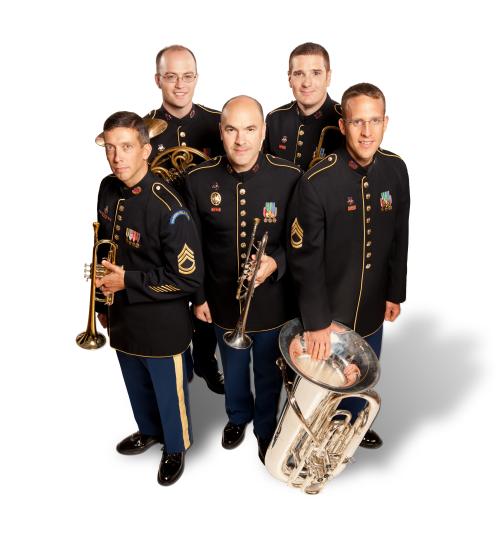 A group of five men stand together, holding their various brass instruments.