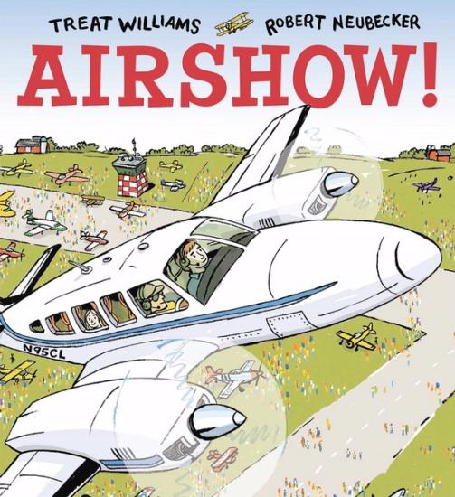 Book cover for a children's book about an air show with an illustration of a white monoplane in flight.