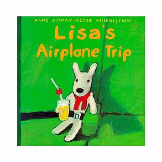 Book cover for a children's book about an airplane trip with an illustration of an animal buckled into an airplane seat.