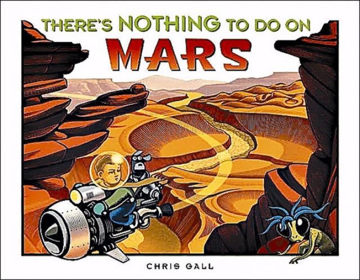 Book cover for a children's book about Mars featuring an illustration of an astronaut flying around rocky canyons on Mars.