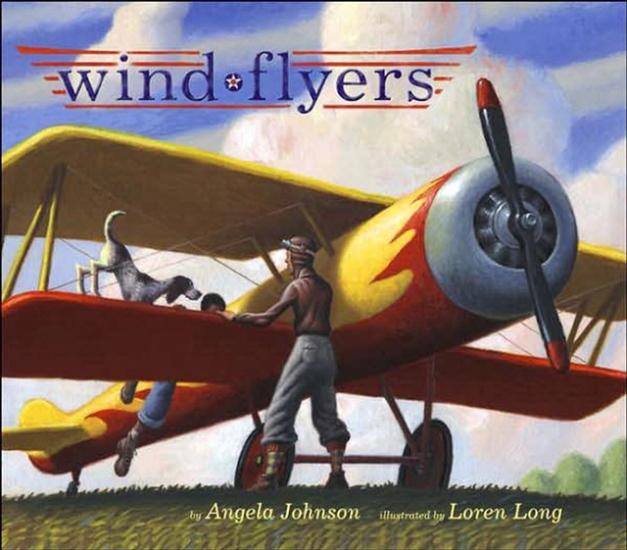 Book cover for a children's book about the Tuskegee Airmen featuring an illustration of a man, his dog, and a child preparing to fly a biplane.