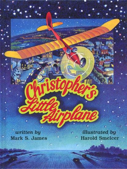 Book cover for a children's story about an airplane featuring an illustration of a red and yellow monoplane flying above a town.