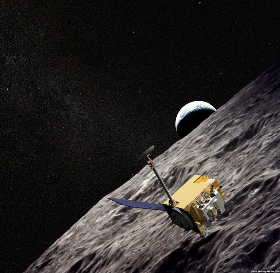 Artist illustration showing the Lunar Reconnaissance Orbiter, a yellow box-shaped spacecraft with a solar panel and probes, orbiting the Moon.