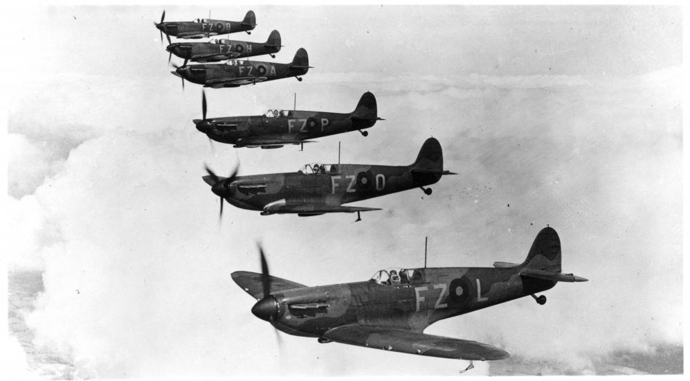 Six Spitfires flying