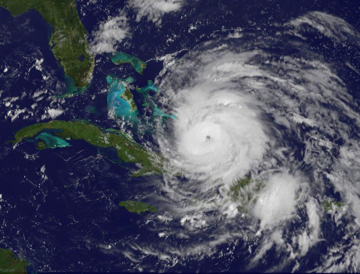 Satellite view of Hurricane Irene, a large tropical cyclone in the Atlantic basin. The storm is positioned over Hispaniola.