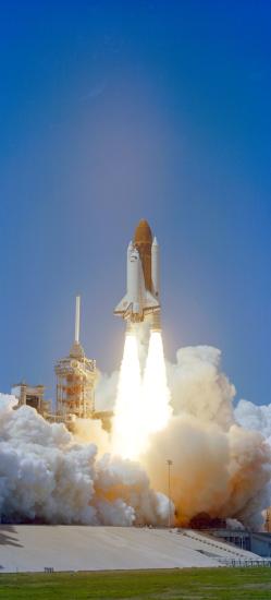 The Space Shuttle Challenger’s taking off from the lanuch pad for its first launch, 1983.