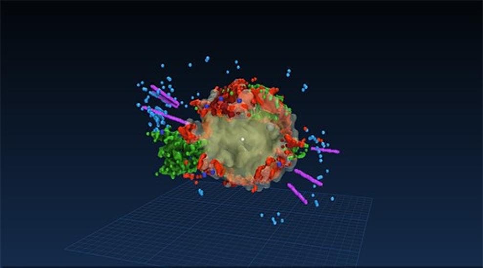 A three-dimensional visual of a star during a unnamed stage of evolution. The star seems to have several different colors moving away from the gaseous core.