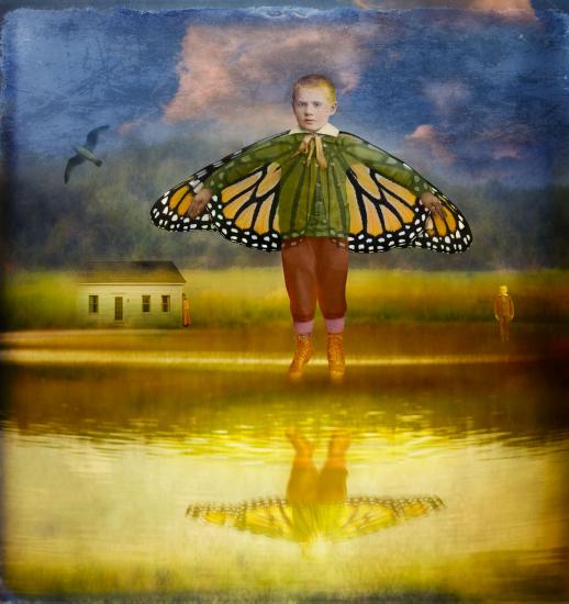 Artwork of a boy with orange and black butterfly wings flying over a body of water.