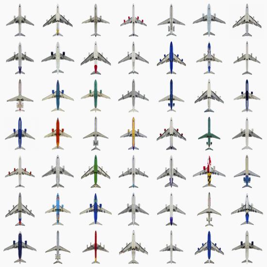 Artwork featuring the top-view of fourty-nine different jet aircraft.