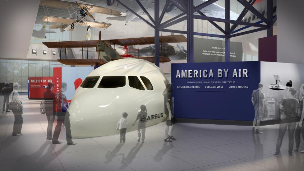 Artistic rendering of a future exhibition revolving around the history of air transportation in America.