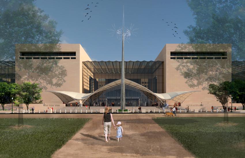 Artist rendering of an updated exterior of the entrance of the Museum building in downtown Washington, D.C., on the National Mall. A large covering can be seen near the entrance alongside a tall sculpture.