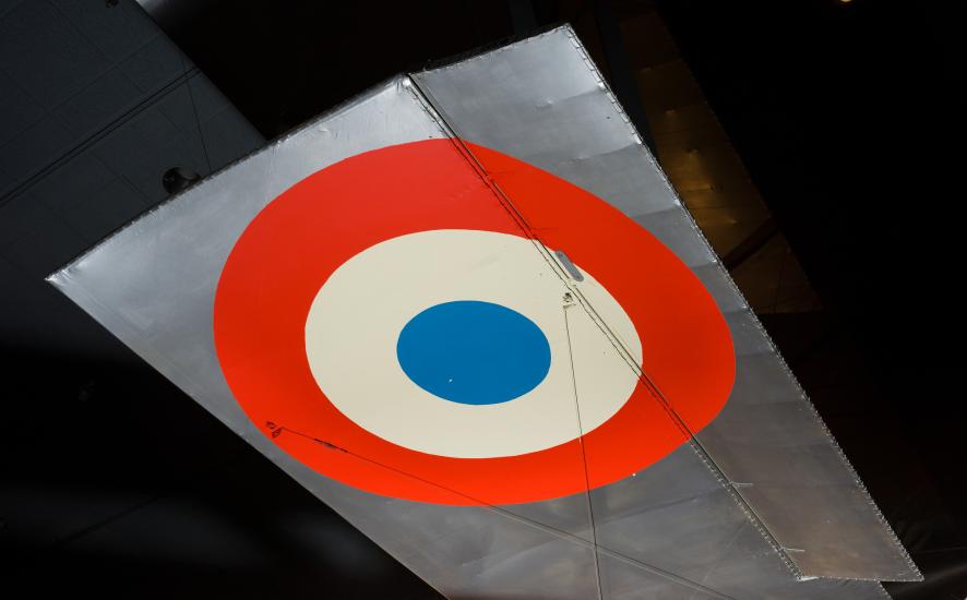 Red, white, and blue United States Air Force roundel on wing of Voisin Type 8 aircraft