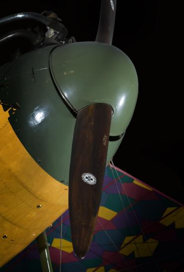 Closeup of green nose of aircraft and wooden propeller