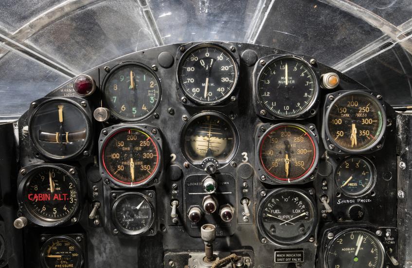 View of flight instrument panel in the cockpit of the Bell X-1