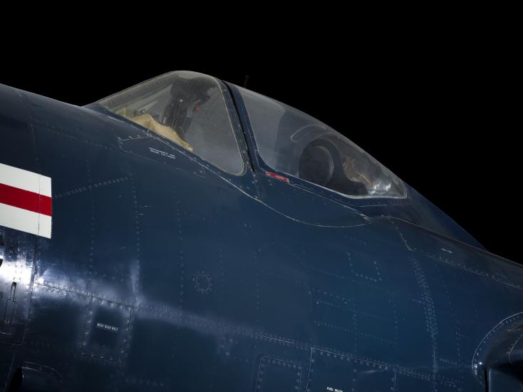 Outside of cockpit of blue McDonnell FH-1 Phantom I aircraft