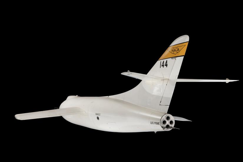 Rear view of white rocket-shaped Douglas D-558-2 aircraft