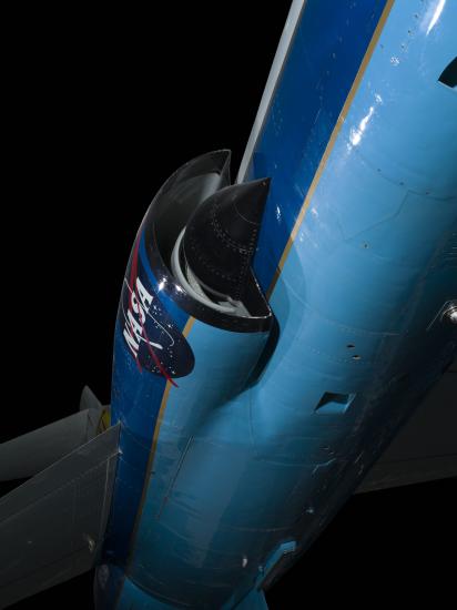 View of engine with NASA logo on side of Lockheed F-104A Starfighter aircraft