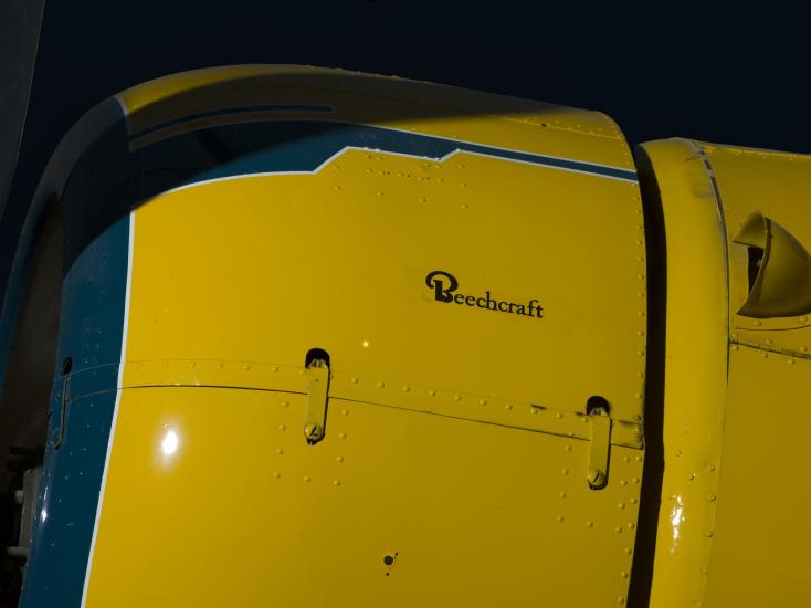 Beech Aircraft Corporation logo on side of Staggerwing engine, "Beechcraft"