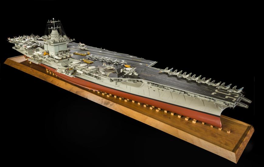 USS Enterprise Aircraft Carrier Model on wooden display stand