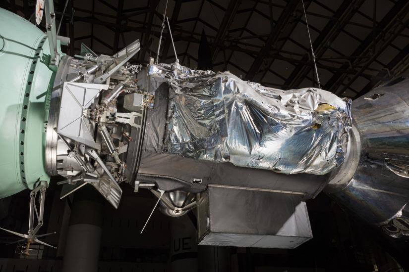 Metal foil on side of Apollo-Soyuz Test Project Backup Docking Module in museum